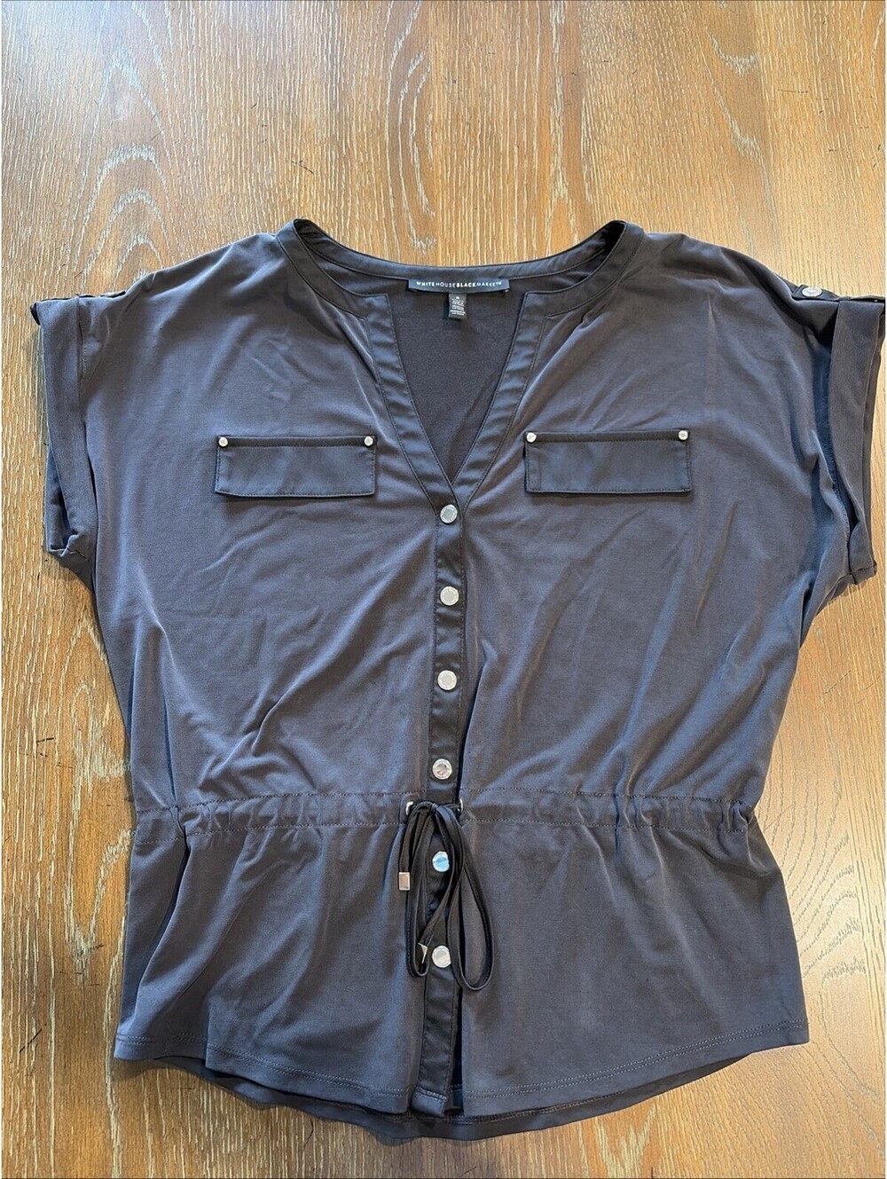 White House Black Market Women's Snap Button Front Cinched Waist Top Small Gray